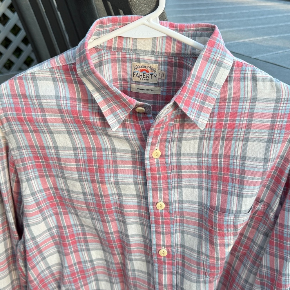 Faherty Men's White and Red with Blue stripe Plaid Shirt - Picture 3 of 12